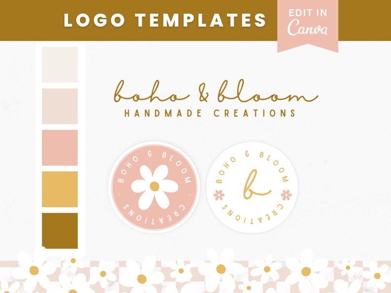 Daisy-logotypdesign för Canva, mysig logotypdesign, enkel, rustik blommig varumärkesbyggande, feminin DIY-logotypmall, redigerbar bohemisk logotypdesign bild 1