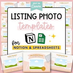 May include: A digital product image featuring listing photo templates for Notion and spreadsheets. The design includes a black 'N' icon, a green Excel icon, and the text 'LISTING PHOTO templates for NOTION & SPREADSHEETS'. The background is light pink.