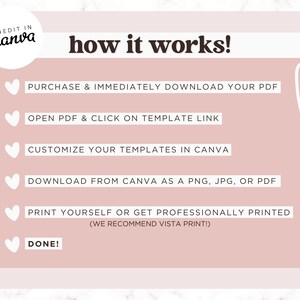 May include: Pink and white graphic with the text "EDIT IN Canva" and "how it works!"  A list of steps with heart icons: Purchase & immediately download your PDF, Open PDF & click on template link, Customize your templates in Canva, Download from Canva as a PNG, JPG, or PDF, Print yourself or get professionally printed (we recommend Vista Print!), Done!