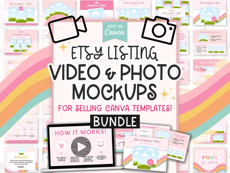 K&ouml;nnte beinhalten: Ein farbenfrohes Grafikdesign mit einem Regenbogenhintergrund und dem Text "Etsy Listing Video & Photo Mockups for Selling Canva Templates! Bundle" sowie Bildern von Mockups f&uuml;r Etsy-Listings. Die Mockups beinhalten einen Videoplayer, einen Telefonbildschirm und einen Computerbildschirm.