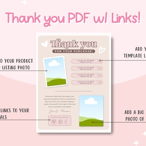 May include: A pink and brown thank you card with a cloud and hills design. The card includes a space to add a product or listing photo, links to social media, a bio and photo of the creator, and links to access templates.