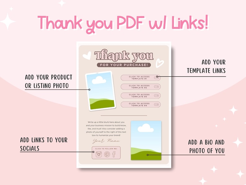 May include: A pink and brown thank you card with a cloud and hills design. The card includes a space to add a product or listing photo, links to social media, a bio and photo of the creator, and links to access templates.