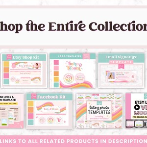 May include: A collection of digital product templates for Etsy sellers, including an Etsy shop kit, logo templates, an email signature template, a Facebook kit, listing photo templates, and Etsy listing video mockups. The templates feature a rainbow design with the text "Boho & Bloom" and "Baby & Wishes".