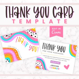 Plantillas coloridas de tarjetas de agradecimiento para empresas, tarjeta de agradecimiento para clientes con arcoíris, postal de moda para empresas, tarjeta de inserción de empaque rosa para empresas