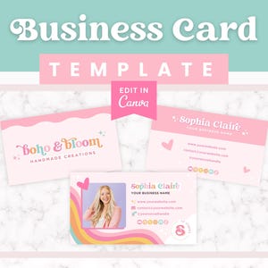 May include: A pink business card template with a rainbow design and a photo of a woman. The text on the card reads "Boho & Bloom Handmade Creations" and "Sophia Claire Your Business Name".