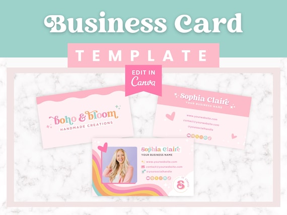 Pink Business Card Template Canva, Cute Business Card Design, Boho Business Card Editable, Rainbow Business Card with Picture, businesscard