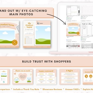 May include: A digital marketing guide with tips on how to stand out with eye-catching main photos and build trust with shoppers. The guide includes tips on sharing a comparison, including a thank you note, showcasing reviews, answering FAQs, and explaining how it works.