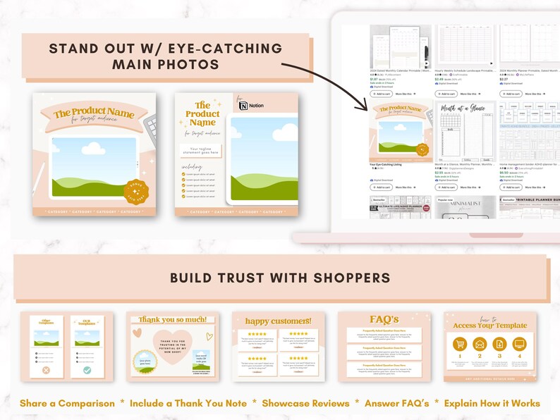 May include: A digital marketing guide with tips on how to stand out with eye-catching main photos and build trust with shoppers. The guide includes tips on sharing a comparison, including a thank you note, showcasing reviews, answering FAQs, and explaining how it works.