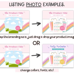 K&ouml;nnte beinhalten: Zwei Beispiele f&uuml;r Etsy-Listungsfotos f&uuml;r druckbare Produkte. Das erste Beispiel zeigt einen Regenbogenhintergrund mit einem Produkttitel und drei Bildern eines druckbaren Produkts. Das zweite Beispiel zeigt einen &auml;hnlichen Regenbogenhintergrund mit einem Produkttitel und einer Sammlung druckbarer Produkte. Der Text unter den Bildern lautet "Behalten Sie das Branding bei, ziehen Sie einfach Ihre Produktbilder per Drag & Drop" und "ODER &auml;ndern Sie Farben, Schriftarten usw. !"