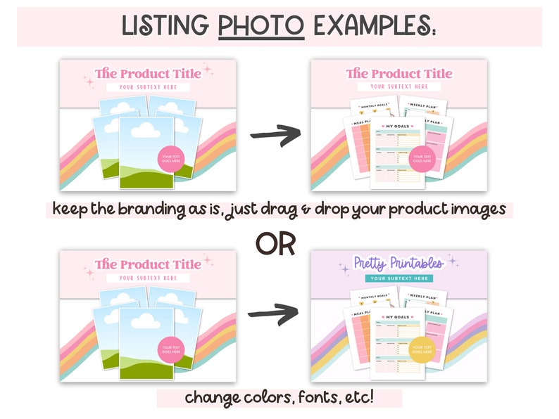 K&ouml;nnte beinhalten: Zwei Beispiele f&uuml;r Etsy-Listungsfotos f&uuml;r druckbare Produkte. Das erste Beispiel zeigt einen Regenbogenhintergrund mit einem Produkttitel und drei Bildern eines druckbaren Produkts. Das zweite Beispiel zeigt einen &auml;hnlichen Regenbogenhintergrund mit einem Produkttitel und einer Sammlung druckbarer Produkte. Der Text unter den Bildern lautet "Behalten Sie das Branding bei, ziehen Sie einfach Ihre Produktbilder per Drag & Drop" und "ODER &auml;ndern Sie Farben, Schriftarten usw. !"