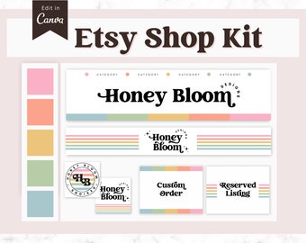 Rainbow Etsy Shop Kit Minimal | Etsy Banner Canva Template | Simple Etsy Branding Kit | Pastel Etsy Shop Bundle Colorful, Etsy Banner Mockup