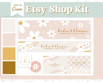 Daisy Etsy Shop Banner Pink, Floral Etsy Shop Kit, Neutral Etsy banner template Canva, Cute Etsy Store Branding, Flower Etsy Banner Mockup
