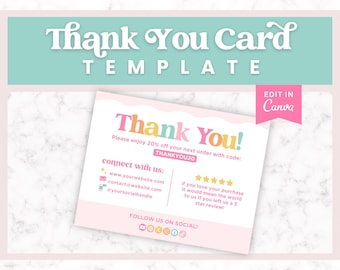 Rainbow Business Thank You Card Template, Customer Thank You Card Pink, Boho Business Post Card, Colorful Packaging Insert Card