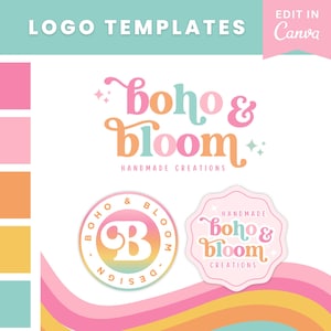 May include: Logo templates for a business called "boho & bloom" with handmade creations. The logo features a pink, orange, and teal color scheme with a whimsical font. The logo is displayed on a white background with a rainbow stripe design.