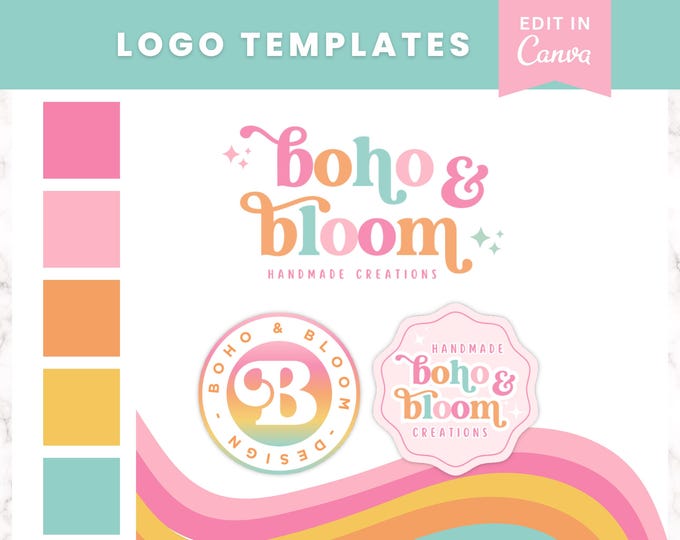 Retro Pastel Rainbow Logo Template | DIY Editable Canva Design - Etsy