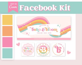 Pastel Facebook Cover Template, Business Facebook Group Cover, Rainbow Facebook Banners, Facebook Logo, Pink Facebook Cover Canva Template