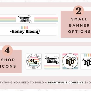 May include: A graphic design featuring the "Honey Bloom" logo and branding elements. Includes two small banner options and four shop icon designs. The text reads "Everything you need to build a beautiful & cohesive shop!"
