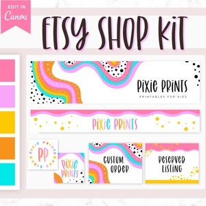 Colorful Etsy Shop Kit Rainbow, Pink Etsy Branding Kit, Fun Etsy Shop Banner, Party Shop Logo, Kids Etsy Banner Canva Template, Shop Bundle