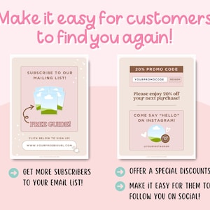May include: Two illustrations showing ways to get more customers to return to your business. The first illustration shows a free guide with a subscribe to our mailing list message. The second illustration shows a 20% promo code with a come say hello on Instagram message.