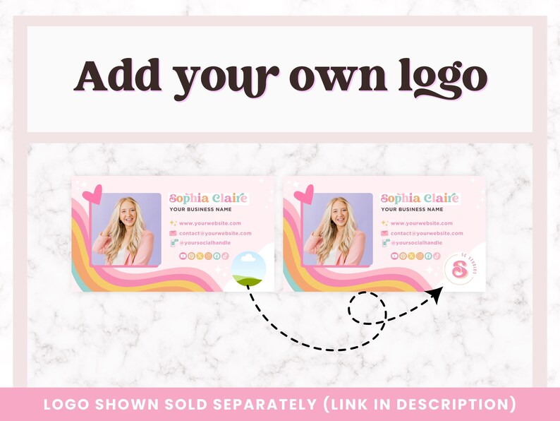 May include: Two pink and white business cards with rainbow stripes and a heart. The cards have a woman's photo, the text "Sophia Claire", and the words "Your Business Name".
