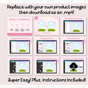 K&ouml;nnte beinhalten: Eine Canva-Vorlage zum Erstellen von Produkt-Listing-Videos. Die Vorlage zeigt eine Reihe von Schritten, darunter das &Auml;ndern von Schriftarten und Text, Farben und das Hinzuf&uuml;gen, L&ouml;schen und Verschieben von Elementen. Der letzte Schritt zeigt das Herunterladen des bearbeiteten Videos. Der Text "10 Canva Pages = 1 Listing Video" befindet sich auf der linken Seite des Bildes. Der Text "Replace with your own product images then download as an .mp4!" befindet sich oben im Bild. Der Text "Super Easy! Plus, Instructions Included!" befindet sich unten im Bild.