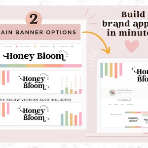 May include: Image showcasing two main banner options with the "Honey Bloom" logo in black. The text "Build brand appeal in minutes!" is displayed. A laptop shows a website design with the same logo and options for custom and reserved listings.