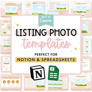 以下が含まれることがあります： ピンクと黄色のグラフィックデザインで、「LISTING PHOTO templates PERFECT FOR NOTION & SPREADSHEETS」というテキストが書かれています。グラフィックには、NotionとExcelのアイコンが含まれています。デザインは、製品リスト用のさまざまなテンプレートの画像で囲まれています。