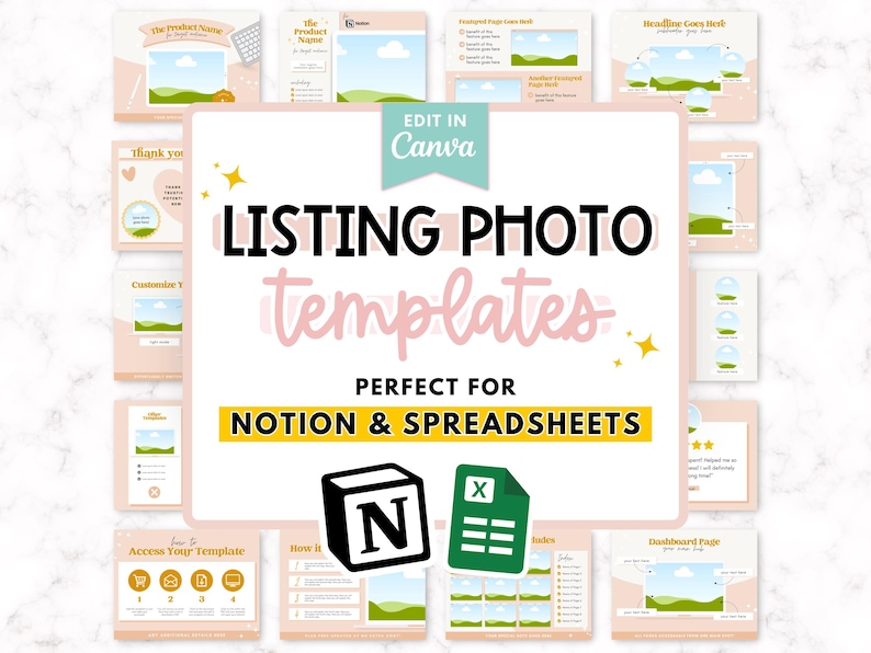 May include: A pink and yellow graphic design with the text "LISTING PHOTO templates PERFECT FOR NOTION & SPREADSHEETS". The graphic includes icons for Notion and Excel. The design is surrounded by images of various templates for product listings.