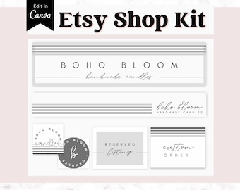 Pode incluir: Um kit digital Etsy Shop com um design listrado preto e branco. O kit inclui um logotipo, etiquetas de produtos e gráficos para mídia social. O logotipo diz "boho bloom handmade candles".