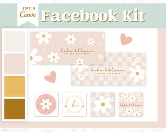 Könnte beinhalten: Ein Facebook-Kit für ein Unternehmen namens "boho & bloom" mit einem rosa-weißen Farbschema. Das Kit enthält ein Logo, ein Banner und mehrere Social-Media-Grafiken mit weißen Gänseblümchen mit gelben Zentren.