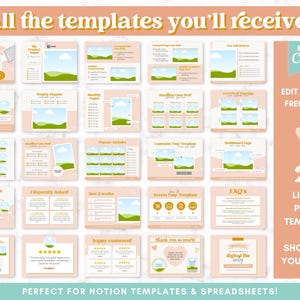 May include: A set of 25 listing photo templates for showcasing your offer. The templates feature a pastel pink background with a green and blue landscape design. The text "EDIT IN CANVA FREE OR PRO!" is displayed in a pink heart shape. The text "25 LISTING PHOTO TEMPLATES TO SHOWCASE YOUR OFFER!" is displayed in a pink rectangle. The text "PERFECT FOR NOTION TEMPLATES & SPREADSHEETS!" is displayed at the bottom of the image.