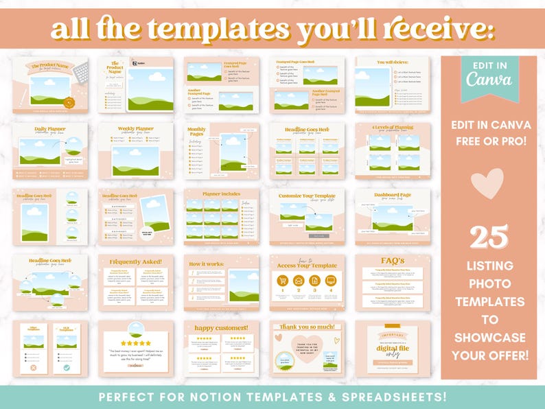 May include: A set of 25 listing photo templates for showcasing your offer. The templates feature a pastel pink background with a green and blue landscape design. The text "EDIT IN CANVA FREE OR PRO!" is displayed in a pink heart shape. The text "25 LISTING PHOTO TEMPLATES TO SHOWCASE YOUR OFFER!" is displayed in a pink rectangle. The text "PERFECT FOR NOTION TEMPLATES & SPREADSHEETS!" is displayed at the bottom of the image.