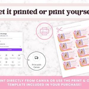 May include: A digital design template for business cards with a rainbow background and a woman's face in the corner. The text "Get it printed or print yourself" is at the top of the image. The text "Print directly from Canva or use the print & cut template included in your purchase!" is at the bottom of the image.