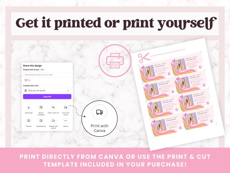 May include: A digital design template for business cards with a rainbow background and a woman's face in the corner. The text "Get it printed or print yourself" is at the top of the image. The text "Print directly from Canva or use the print & cut template included in your purchase!" is at the bottom of the image.