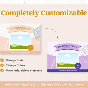 May include: A customizable template for a product launch, featuring a pink and purple background with a laptop screen, a keyboard, and a star-shaped design. The text "The Product Name for target audience" is displayed on the template. The text "Your special note goes here" is also displayed on the template. The template is 100% customizable in the free version of Canva.