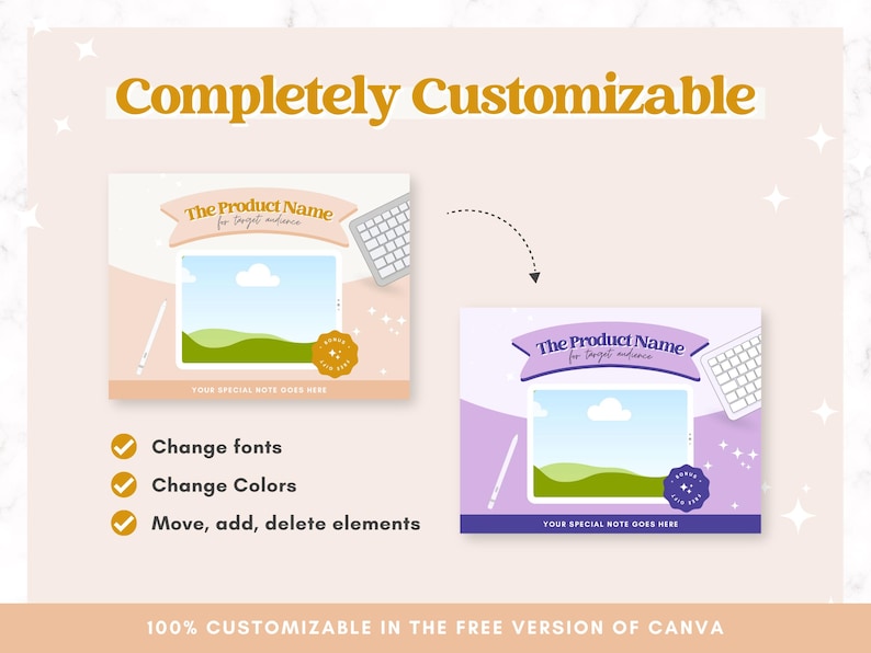 May include: A customizable template for a product launch, featuring a pink and purple background with a laptop screen, a keyboard, and a star-shaped design. The text "The Product Name for target audience" is displayed on the template. The text "Your special note goes here" is also displayed on the template. The template is 100% customizable in the free version of Canva.