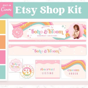Rainbow Etsy Branding Kit Colorful, Etsy Shop Kit Pink, Fun Etsy Shop Banner Kids, Editable Etsy Banner Canva Template, DIY Etsy Banner Set