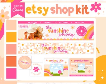 May include: A digital Etsy shop kit with a pink, orange, and yellow color scheme. The kit includes a banner with the text "the sunshine society", a logo with the same text, and several other design elements. The kit is designed to help Etsy sellers create a cohesive brand identity.