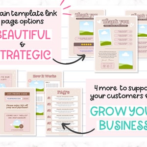 May include: A digital marketing guide with a pink and brown color scheme. The guide includes templates for a thank you page, a how-it-works page, a FAQ page, and a subscribe to mailing list page. The guide also includes a 20% promo code and an Instagram call to action. The text on the guide says "3 main template link page options: Beautiful & Strategic" and "4 more to support your customers & to GROW YOUR BUSINESS".