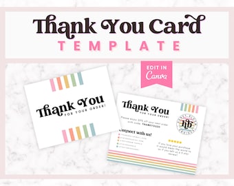 May include: White thank you card template with the text "Thank You" in a stylish font. The card has colorful stripes and the text "Thank You for your order!" The image also includes a pink banner that says "Edit in Canva".