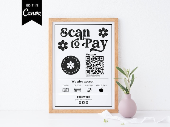 Custom QR Code Sign Business | Editable Scan to Pay Template Canva | Venmo Payment Method Sign Digital | Payment Option | Venmo QR Code Sign