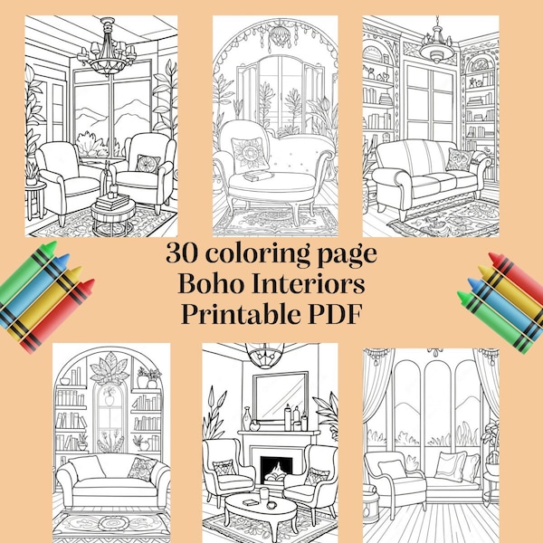 Coloring Book 30 Pages for Kids, Boho Interiors, Digital product for printing, PDF Printable Pages A4, Interior Design Colouring Sheets