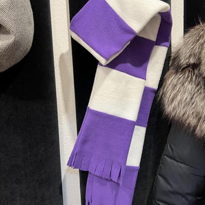 May include: A purple and white striped fleece scarf with fringe on the ends.