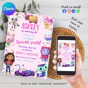 Gabby's Dollhouse Digital Invitation, Invitation Template, Editable, Printable, Canva, Girl's Birthday Party, Party Supplies, Cute, Pink