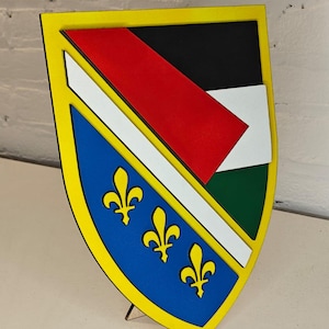 May include: A wooden shield-shaped emblem with a yellow border. The top section features a black, red, and white design. The bottom section is blue with three gold fleur-de-lis symbols. The shield is propped up on a small metal stand.