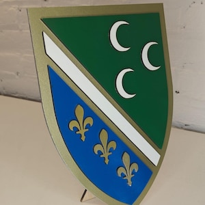 Op de afbeelding: Een schildvormig embleem met een gouden rand, met een groen bovenste gedeelte met drie witte halve manen, een witte diagonale streep en een blauw onderste gedeelte met drie gouden lelie-symbolen. Het embleem wordt weergegeven op een wit oppervlak.