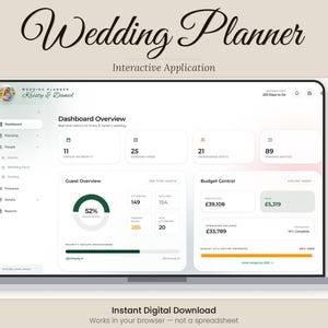May include: A laptop screen showing a wedding planner application interface. The screen displays a dashboard with metrics like budget control and guest overview. The text at the top reads "Wedding Planner" and "Interactive Application."