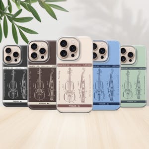 May include: A collection of five phone cases with a violin design. The cases are in various colors: black, brown, cream, blue, and green. Each case features a violin diagram and the word "VIOLIN, &c." at the bottom.