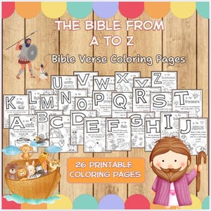 Può includere: Una raccolta di 26 pagine da colorare stampabili con versetti biblici, ognuna con una lettera dell'alfabeto e un versetto biblico corrispondente. Le pagine sono disposte su uno sfondo di legno con illustrazioni di scene e personaggi biblici.