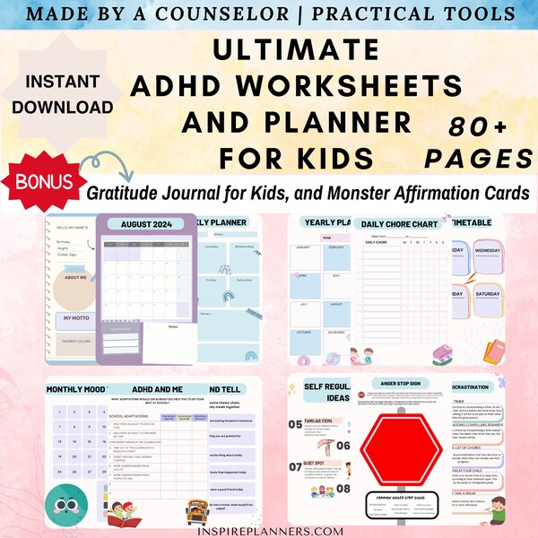 ADHD Planner for Kids 2024: Mental Health Workbook, CBT Worksheets, Health Tracker, Kids Organizer, ADHD Planner child